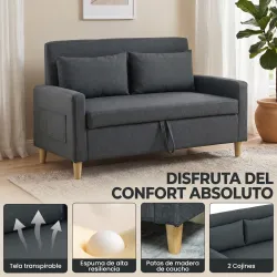 Sofá de 2 Plazas Tapizado en Lino Sintético con Espacio de Almacenaje 2 Almohadas y Patas de Madera 135x71x84 cm... - Ogal.Es