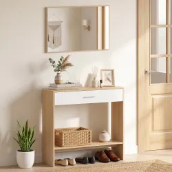 Recibidor de Entrada con Espejo Cajón y Estante Mueble de Recibidor para Pasillo 91,5x27,9x85,5 cm Roble - Ogal.Es
