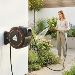 Carrete de Manguera Retráctil 28+2 m con 12 Modos de Rociado Bloqueo Automático Retracción Controlada Soporte Na... - Ogal.Es