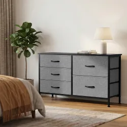 Cómoda con 5 Cajones de Tela Cómoda para Dormitorio Marco de Acero Cajonera para Salón Oficina Gris Oscuro y Negro - Ogal.Es