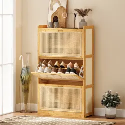 Zapatero Estrecho de Bambú con 3 Cajones Abatibles de Ratán para 18-21 Pares de Zapatos 69x29x119,8 cm Natural - Ogal.Es