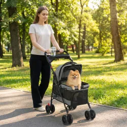Cochecito para Perros Plegable de 4 Ruedas de EVA Giratorio y Freno Ventanas de Malla Cojín Lavable Portavasos Gris - Ogal.Es
