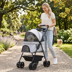 Carrito para Perros Pequeños con 4 Ruedas Freno Cesta Capota Correas de Seguridad y Ventanas 67x45x96 cm Gris Claro - Ogal.Es