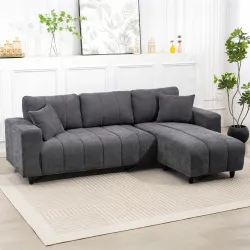 Sofá Chaise Longue Reversible de 4 Plazas 2 Almohadas Tapizado en Lino Marco de Acero 242x156x87 cm Gris Oscuro - Ogal.Es
