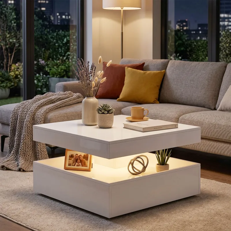 Mesa de Centro con LED RGB 7 Colores de Alto Brillo Blanco con Almacenamiento Abierto y Mando a Distancia 78x78x... - Ogal.Es