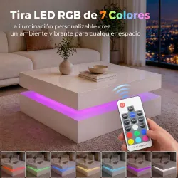 Mesa de Centro con LED RGB 7 Colores de Alto Brillo Blanco con Almacenamiento Abierto y Mando a Distancia 78x78x... - Ogal.Es