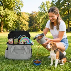 Bolso de Viaje para Perros Bolsa de Premios con 2 Contenedores de Pienso y Cuenco Plegable Bolsillos Gris Claro - Ogal.Es