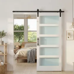 Puerta Corredera Interior 91x213 cm con Kit de Montaje, MDF y Vidrio Esmerilado, Riel y Herrajes, Blanco - Ogal.Es