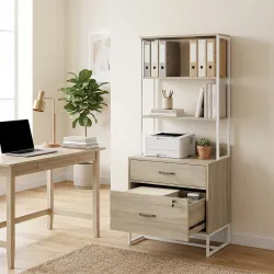 Mueble Archivador con Estantería 2 Cajones Encimera para Impresora Cerradura para A4 Letter Legal Roble - Ogal.Es