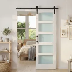 Puerta Corredera Interior 71x213 cm con Kit de Montaje, MDF y Vidrio Esmerilado, Riel y Herrajes, Blanco - Ogal.Es