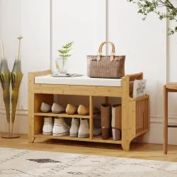 Banco Zapatero con Asiento Acolchado Almacenamiento Lateral Estante para Botas Marco de Bambú 80x30x50 cm Natural - Ogal.Es