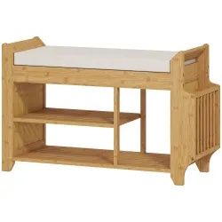 Banco Zapatero con Asiento Acolchado Almacenamiento Lateral Estante para Botas Marco de Bambú 80x30x50 cm Natural - Ogal.Es