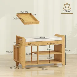Banco Zapatero con Asiento Acolchado Almacenamiento Lateral Estante para Botas Marco de Bambú 80x30x50 cm Natural - Ogal.Es