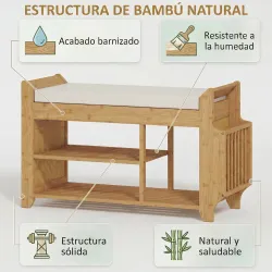 Banco Zapatero con Asiento Acolchado Almacenamiento Lateral Estante para Botas Marco de Bambú 80x30x50 cm Natural - Ogal.Es