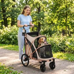 Carrito para Perros Plegable hasta 20 kg con Ruedas Grandes Suspensión y Freno Ventanas de Malla Cojín Marrón Claro - Ogal.Es