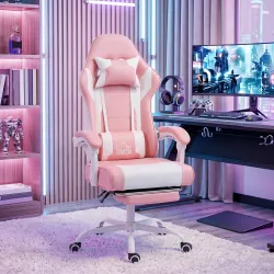 Silla Gamer con Lumbar Masaje Vibración Reclinable 155° Altura Ajustable Reposacabezas y Reposapiés Retráctil Rosa - Ogal.Es