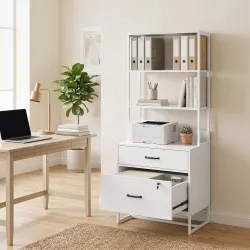 Mueble Archivador con Estantería 2 Cajones Encimera para Impresora Cerradura para A4 Letter Legal Blanco - Ogal.Es