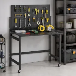Banco de Trabajo con Tablero Perforado Mesa de Trabajo Plegable con Ruedas Marco de Acero Ganchos Negro - Ogal.Es