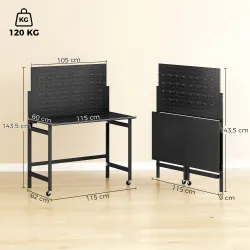 Banco de Trabajo con Tablero Perforado Mesa de Trabajo Plegable con Ruedas Marco de Acero Ganchos Negro - Ogal.Es