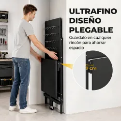 Banco de Trabajo con Tablero Perforado Mesa de Trabajo Plegable con Ruedas Marco de Acero Ganchos Negro - Ogal.Es