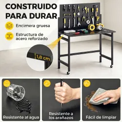 Banco de Trabajo con Tablero Perforado Mesa de Trabajo Plegable con Ruedas Marco de Acero Ganchos Negro - Ogal.Es