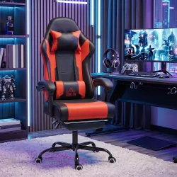 Silla Gamer con Lumbar Masaje Vibración Reclinable 155° Altura Ajustable Reposacabezas y Reposapiés Retráctil Rojo - Ogal.Es