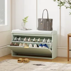 Banco Zapatero con Asiento Acolchado Cajón Abatible Estante Ajustable para Entrada Dormitorio 80x26x47,5 cm Verd... - Ogal.Es