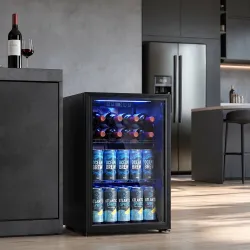Frigorífico de Bebidas 70 L con Puerta de Vidrio Doble Iluminación LED 2 Estantes Ajustables para 70 Latas - Ogal.Es