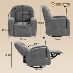 Sillón Relax Reclinable 3 en 1 con Función Mecedora Giratorio 360° Soporte para Teléfono Asiento Amplio Gris - Ogal.Es