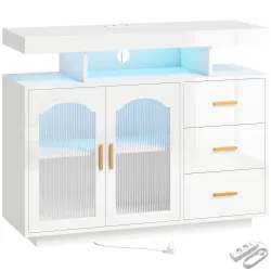 Aparador con LED RGB de 7 Colores Tomas Puertos USB 3 Cajones Estantes Abiertos 2 Puertas Blanco Brillante 100x3... - Ogal.Es