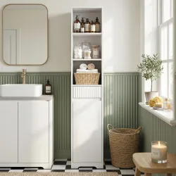Armario de Baño Alto con Cajón Diseño Acanalado Estante Ajustable Estantes Abiertos para Espacios Pequeños Blanco - Ogal.Es