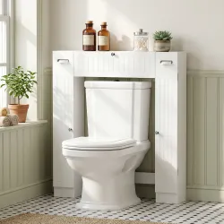 Mueble sobre Inodoro con 2 Armarios Cajón Abatible Portapapeles y Estantes Ajustables 88x18x98 cm Blanco - Ogal.Es