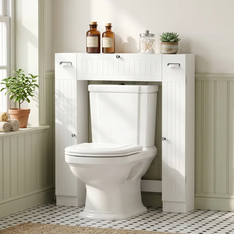 Mueble sobre Inodoro con 2 Armarios Cajón Abatible Portapapeles y Estantes Ajustables 88x18x98 cm Blanco - Ogal.Es