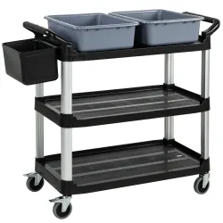 Carro de Limpieza con Ruedas con 3 Estantes 2 Contenedores y Cubo Lateral Colgante Carga 100 kg Negro - Ogal.Es