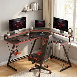 Mesa Gaming Esquinero con Enchufes en Forma de L 128x128 cm con Soporte para Monitor Gancho y Portavasos Negro - Ogal.Es