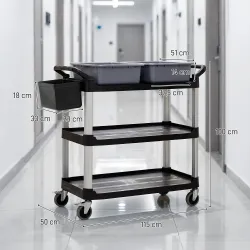 Carro de Limpieza con Ruedas con 3 Estantes 2 Contenedores y Cubo Lateral Colgante Carga 100 kg Negro - Ogal.Es