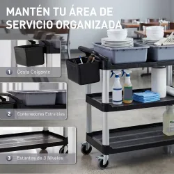 Carro de Limpieza con Ruedas con 3 Estantes 2 Contenedores y Cubo Lateral Colgante Carga 100 kg Negro - Ogal.Es