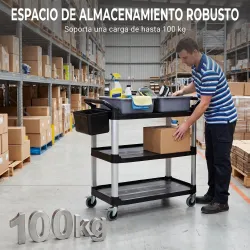Carro de Limpieza con Ruedas con 3 Estantes 2 Contenedores y Cubo Lateral Colgante Carga 100 kg Negro - Ogal.Es