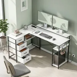 Escritorio en L Reversible con 4 Cajones de Tela 2 Enchufes y 2 Puertos USB Soporte para Monitor 155x112 cm Blanco - Ogal.Es
