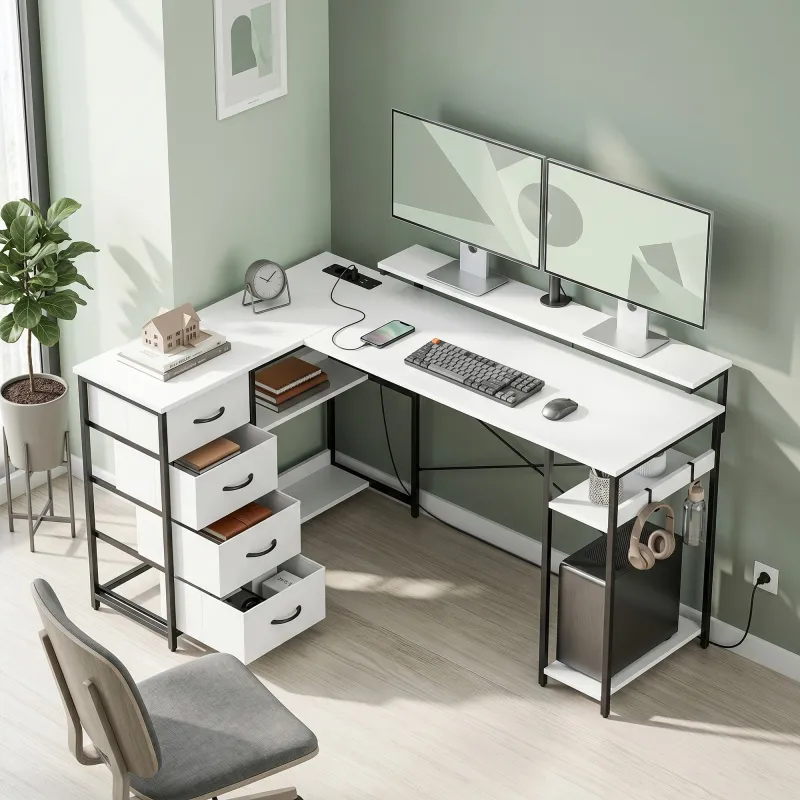 Escritorio en L Reversible con 4 Cajones de Tela 2 Enchufes y 2 Puertos USB Soporte para Monitor 155x112 cm Blanco - Ogal.Es