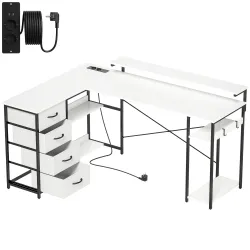 Escritorio en L Reversible con 4 Cajones de Tela 2 Enchufes y 2 Puertos USB Soporte para Monitor 155x112 cm Blanco - Ogal.Es