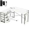 Escritorio en L Reversible con 4 Cajones de Tela 2 Enchufes y 2 Puertos USB Soporte para Monitor 155x112 cm Blanco - Ogal.Es