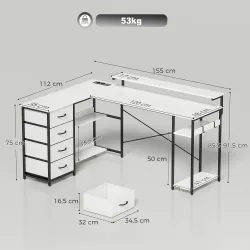 Escritorio en L Reversible con 4 Cajones de Tela 2 Enchufes y 2 Puertos USB Soporte para Monitor 155x112 cm Blanco - Ogal.Es