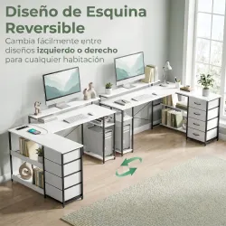 Escritorio en L Reversible con 4 Cajones de Tela 2 Enchufes y 2 Puertos USB Soporte para Monitor 155x112 cm Blanco - Ogal.Es