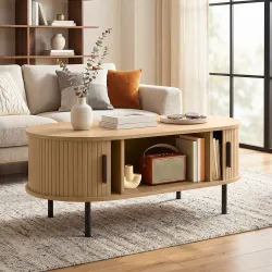 Mesa de Centro con Puertas de Tambor Deslizantes Mesa de Café Ovalada con Almacenamiento Oculto 100x55x40 cm Nat... - Ogal.Es