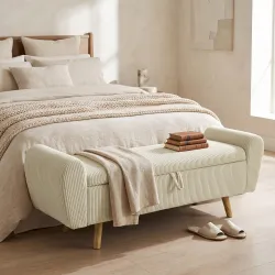 Banco Almacenaje 150 cm Tapizado en Pana Banco Pie de Cama con Brazos Redondeados y Patas de Madera Beige - Ogal.Es