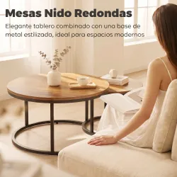 Set de 2 Mesas de Centro Redondas Mesas Nido Industriales con Estructura Metálica para Salón o Dormitorio Marrón - Ogal.Es