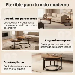 Set de 2 Mesas de Centro Redondas Mesas Nido Industriales con Estructura Metálica para Salón o Dormitorio Marrón - Ogal.Es