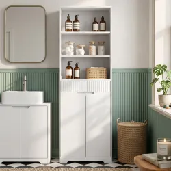 Armario Alto de Baño Columna de Baño Estrecha con 3 Estantes Abiertos Cajón Acanalado Estante Ajustable Blanco - Ogal.Es