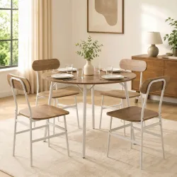 Juego de Mesa y 4 Sillas de Comedor Estilo Industrial Marco Metálico para Espacios Pequeños Salón Natural y Blanco - Ogal.Es